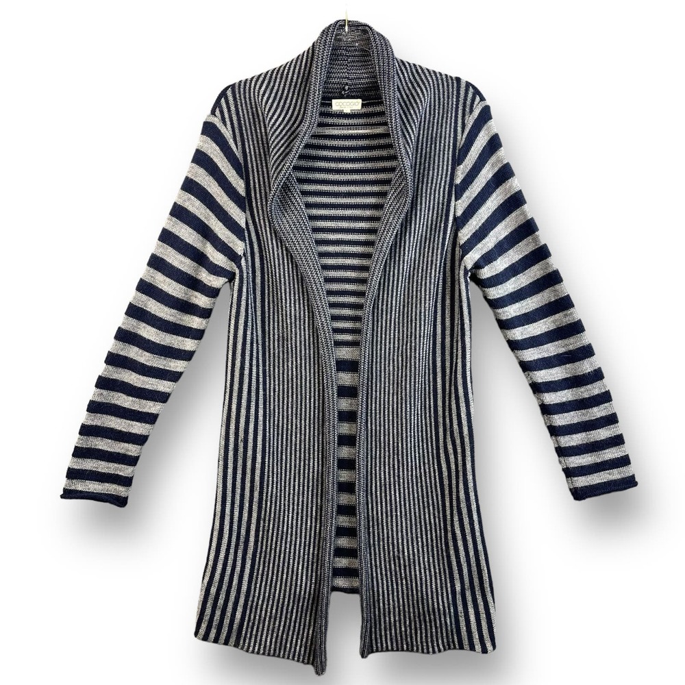 Cocogio Duster Cardigan Sweater Size Large Open Front Contrast Stripe Blue‎ Gray